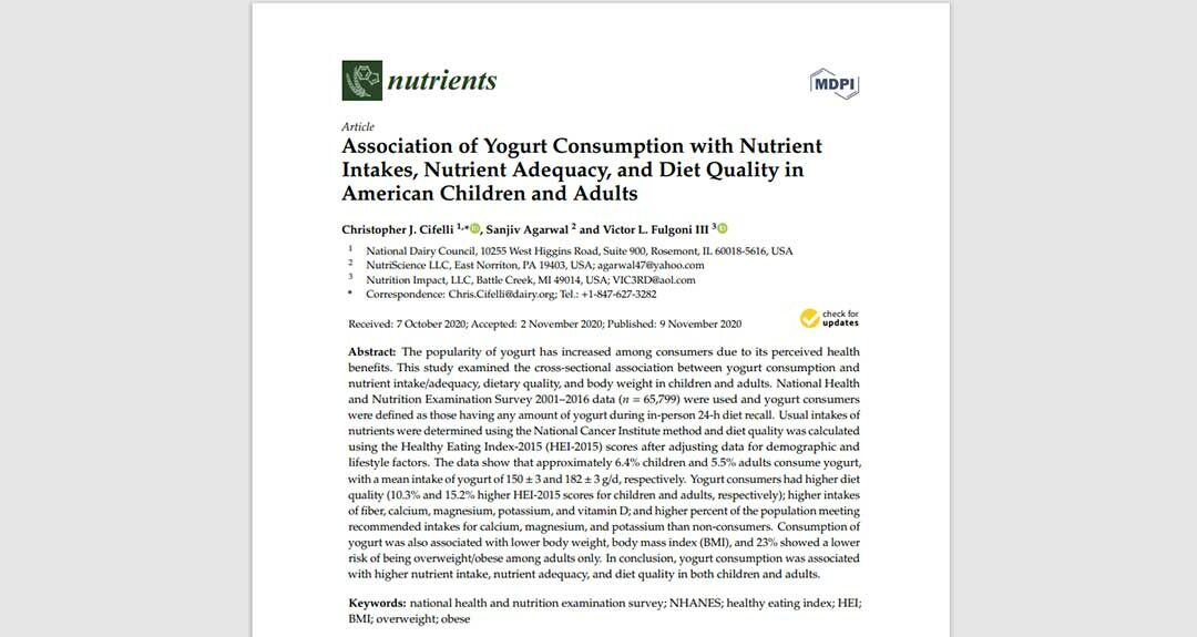 Association of yogurt consumption with nutrient intakes, nutrient adequacy, and diet quality in american children and adults